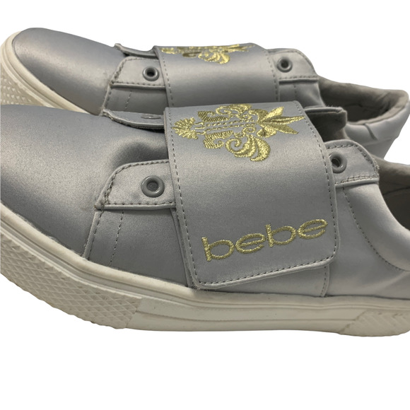 Bebe Gray Nylon Gold Embroidered Slide Sneakers US 10 Brighton ZGD12 Women - Picture 5 of 12